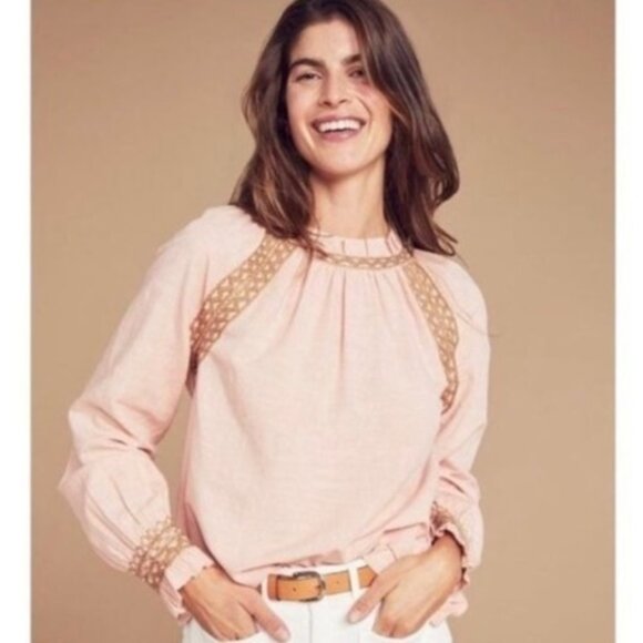 Faherty Tops - NWT Faherty Arles Dusty Pink Embroidered Ruffle Neck Peasant Blouse Top M